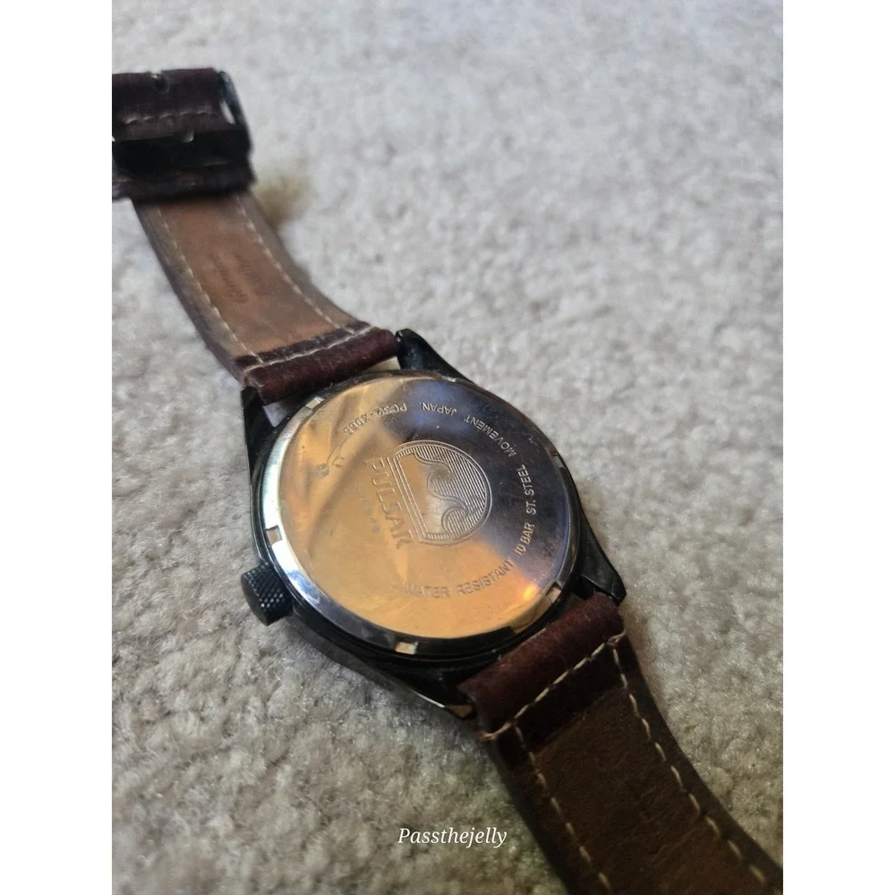 Pulsar Watch Mens Black Dial Orange Accent Date Quartz Field Watch Brown Leather